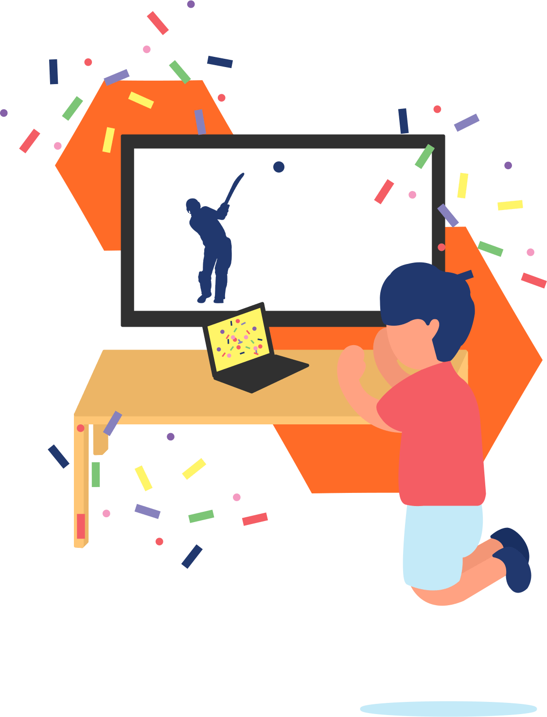 Person celebrating and jumping from his place in front of his laptop and his television.