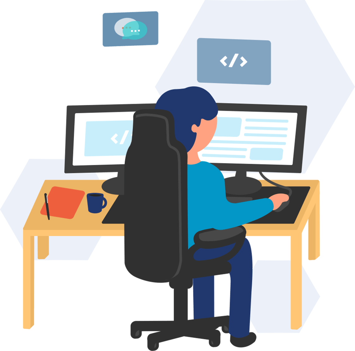 Person sitting in computer chair using the computer with a messaging and coding window open.